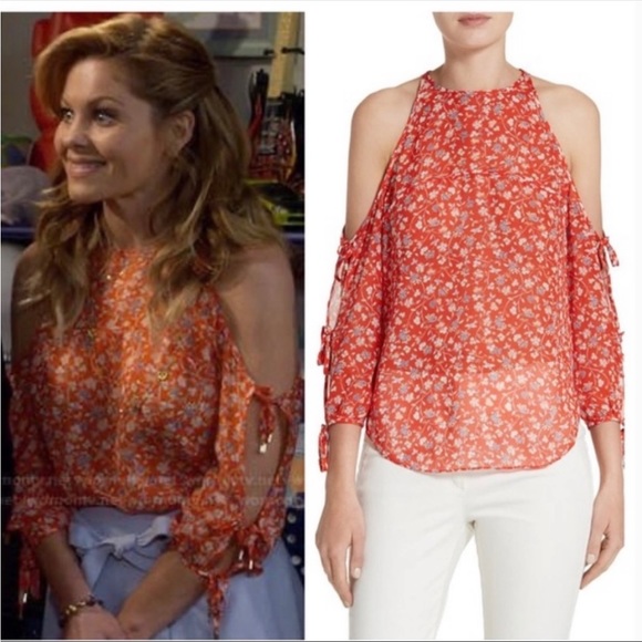 Veronica Beard 100% Silk Floral Cold Shoulder Blouse Red Tie Bow Sleeves - Picture 3 of 11